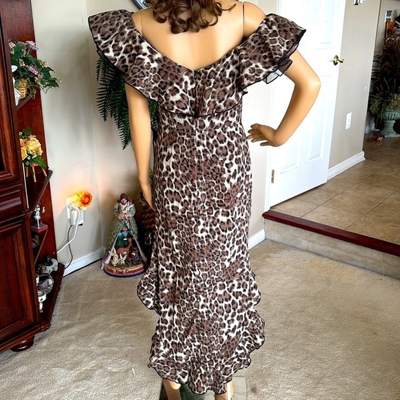 NWOT ANIMAL PRINT RUFFLE BARDOT MIDI DRESS OFF SHOULDER LEOPARD HIGH LOW MULLET - Picture 7 of 16